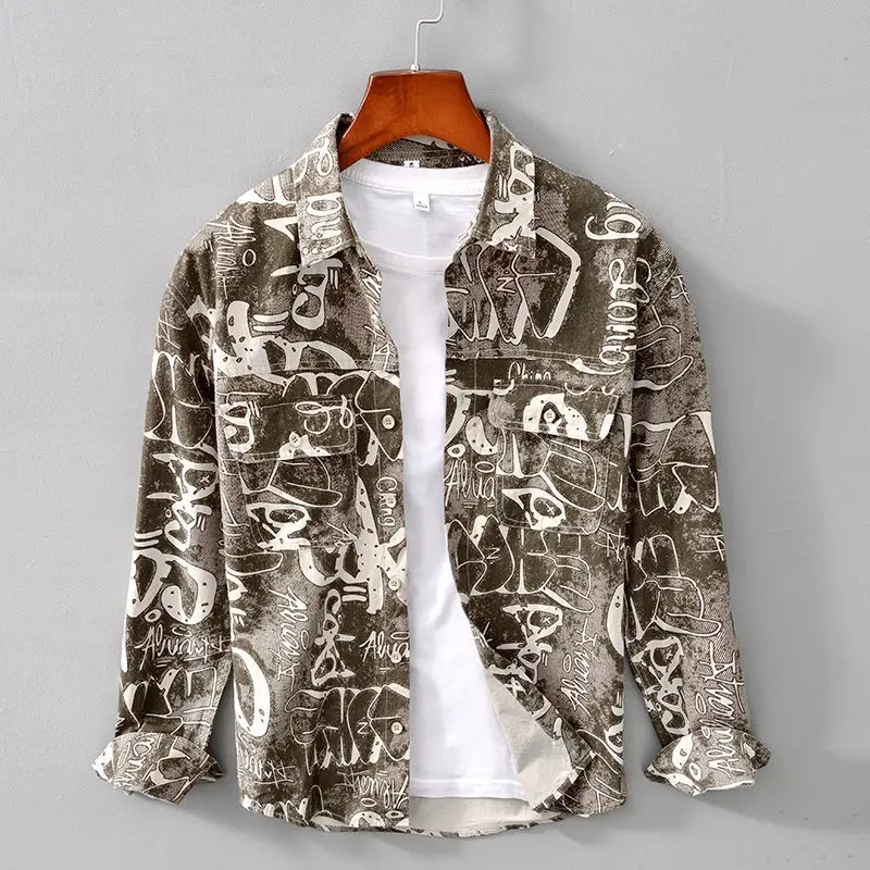 

Мужская рубашка с длинным рукавом, свободная хлопковая рубашка с цветочным принтом в стиле ретро, модная рубашка с квадратным воротником, в...