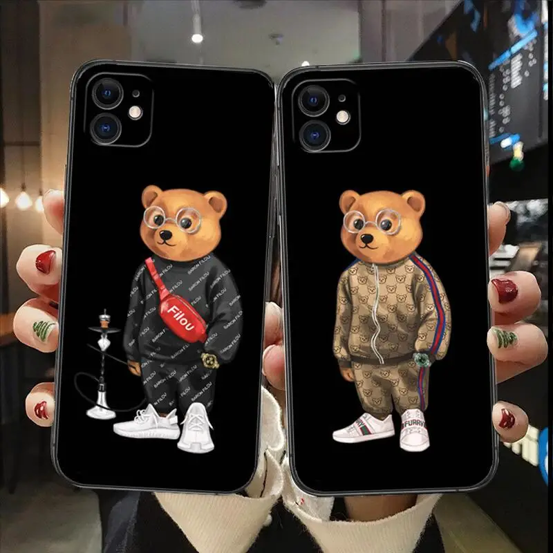 

For iPhone 11 12 13 Pro Max Mini 7 8 Plus X XS XR 6 6S 5S SE 2020 Black Case Cute Bear Fashion Brand Protective Silicone Cover
