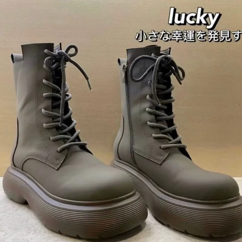 

2022 New Women Boots Autumn Comfortable Round Toe Platform Gothic Short Boots Lace Up Fashion Women PU Leather Martin Boots