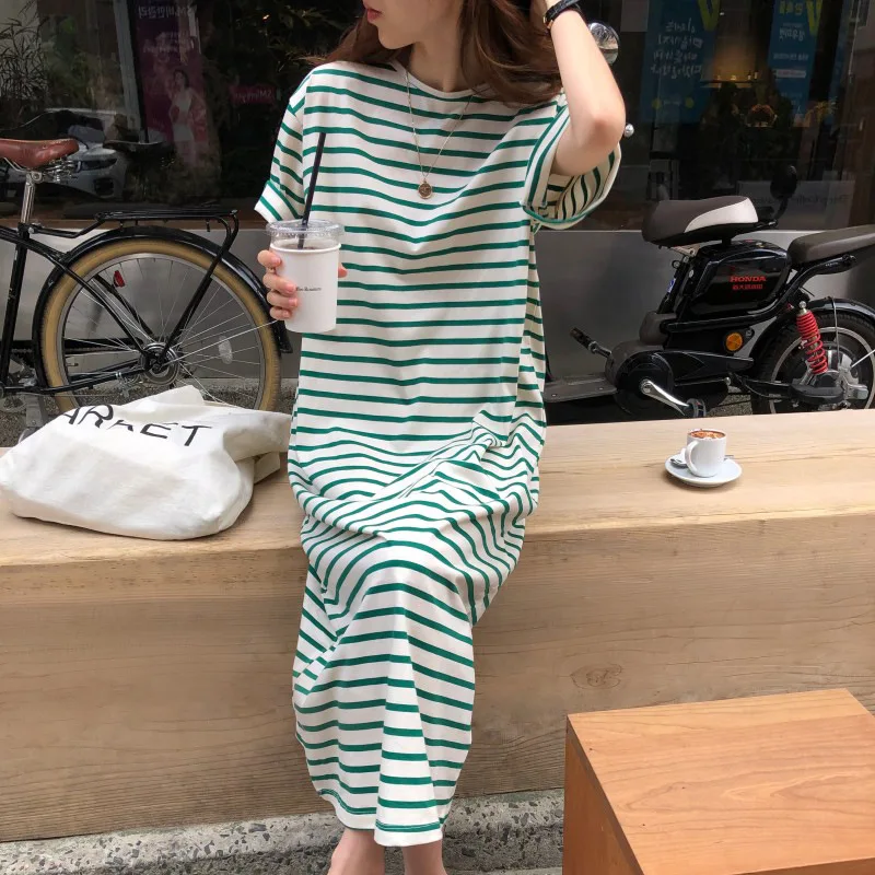 2023 Ins Hot Sale Summer Pajamas Dress for Young Women Ladies Striped Printed Long Home Dresses Korea Fashion Casual Loungewear