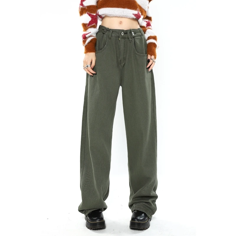 

Vintage Military Green High Waist Women Jeans Baggy Denim Pants American Fashion Streetwear Wide Leg Jean Female Denim Trouser