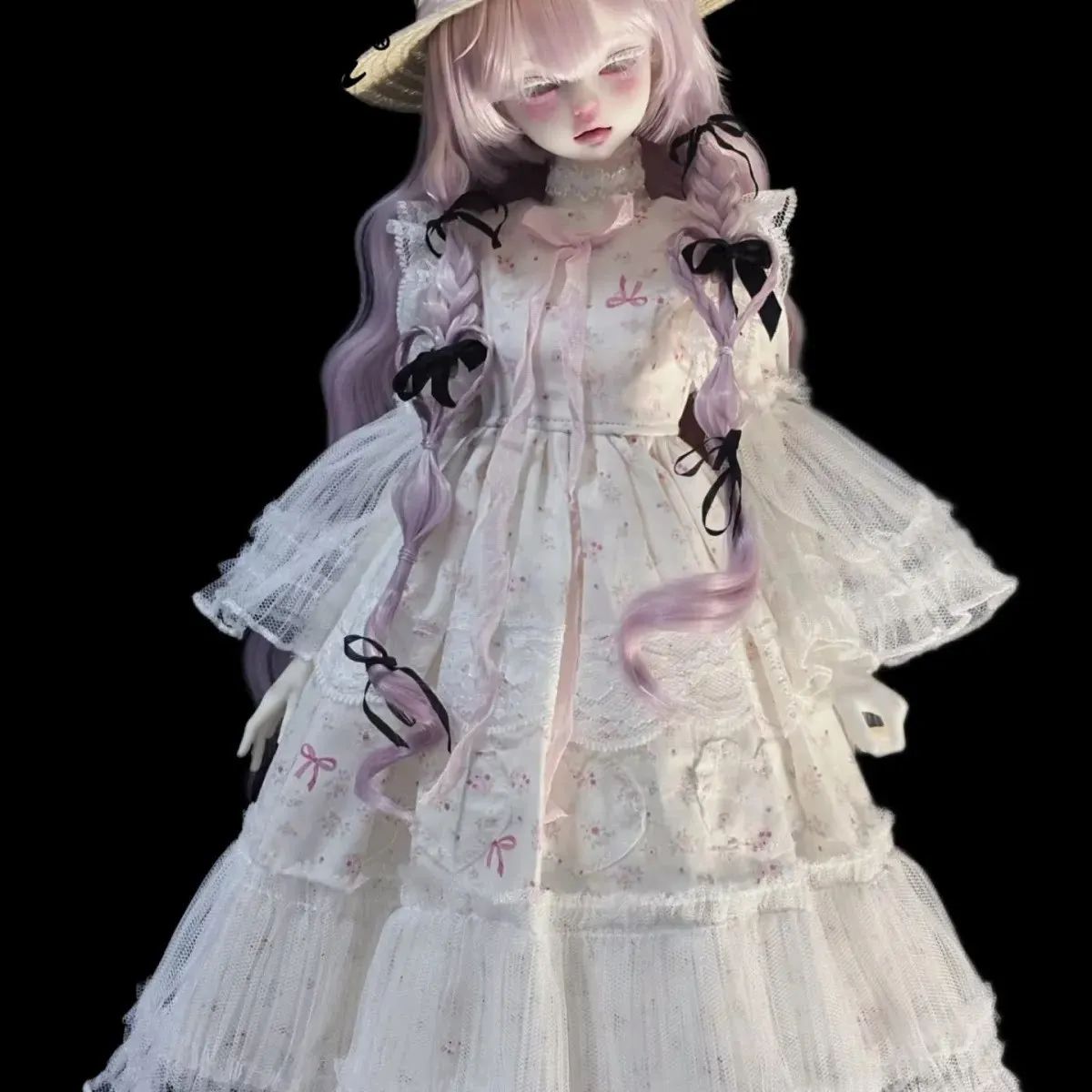 Фото Наряд для куклы BJD 1/4: милое платье в стиле лолита с цветочным кружевом, пышными рукавами и рюшами, с соломенной шляпой, одежда для кукол с телом Nannan. №2