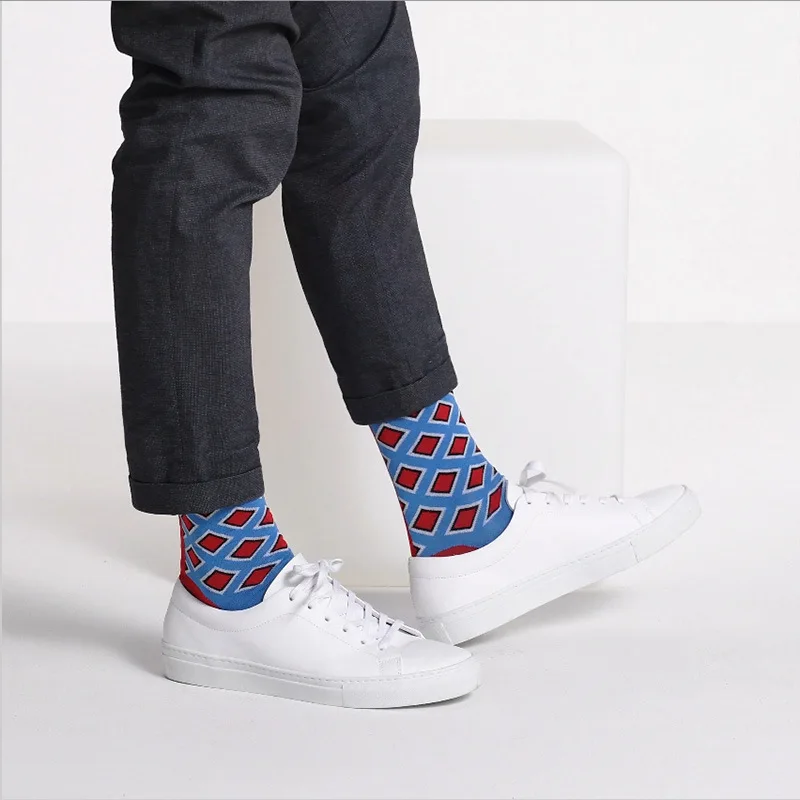 Men's latest design medium tube socks autumn socks high quality business geometric lattice color men's breathable cotton socks