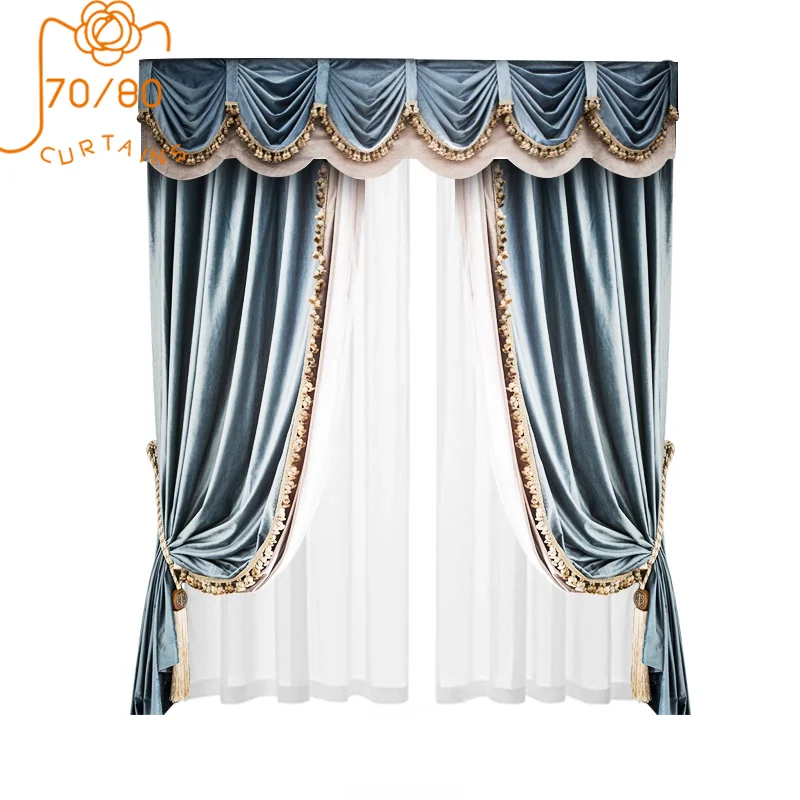 French High-grade Gray-blue Velvet Lace Stitching Thickening Blackout Curtains for Bedroom Living Room Custom Products