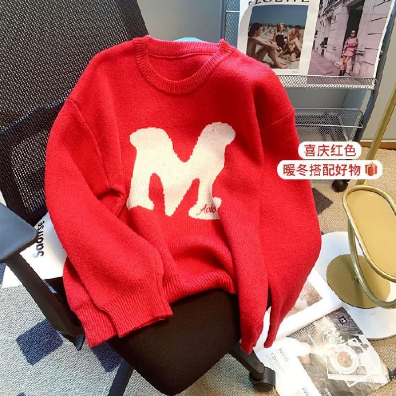 

2022 Winter Retro Letter Crew Neck Knitwear Women Fashion Brand Loose Couple Casual Pullover Long Sleeve Sweater Letter M Print