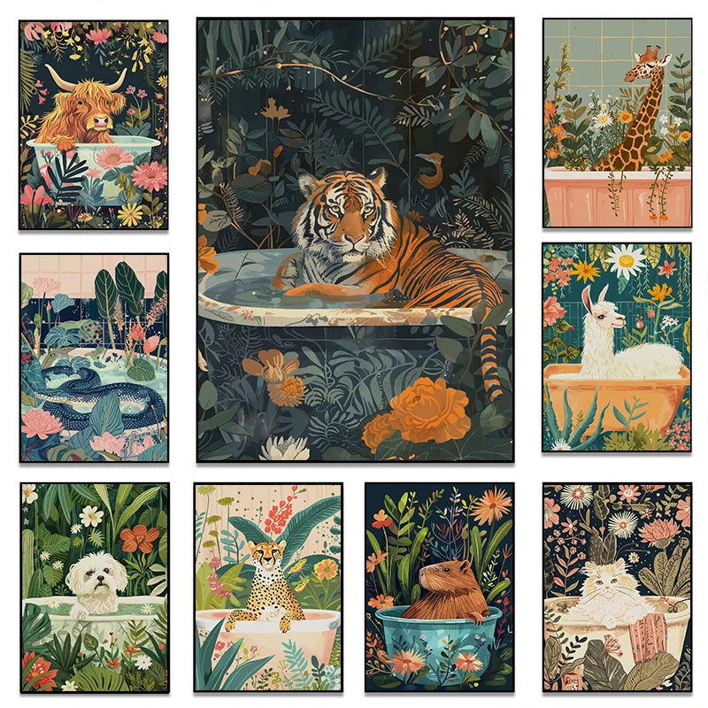 Туалет Ботанические Джунгли Животные Ванна Ванная Комната Гепард Тигр Хайленд