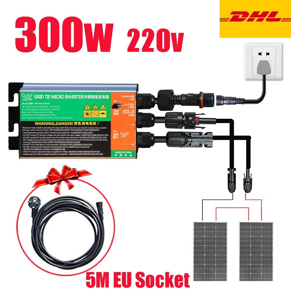 

Solar Grid Tie Micro Inverter 600w 300w AC 220V On grid Netwokr Home System 5meters EU Socket DC 18V-50V PV Input