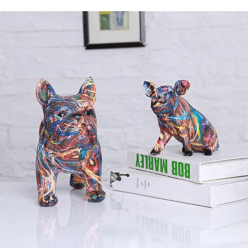 Цветная линия граффити скульптура бульдога эстетика комнаты украшение для стола