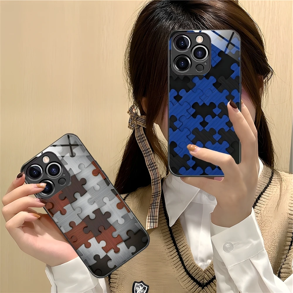 Puzzle Pretty Fashion Mobile Cell Phone Case for iPhone 16 15 14 13 12 11 X XR XS 8 Pro Max Plus Mini PC Glass Cover Shell