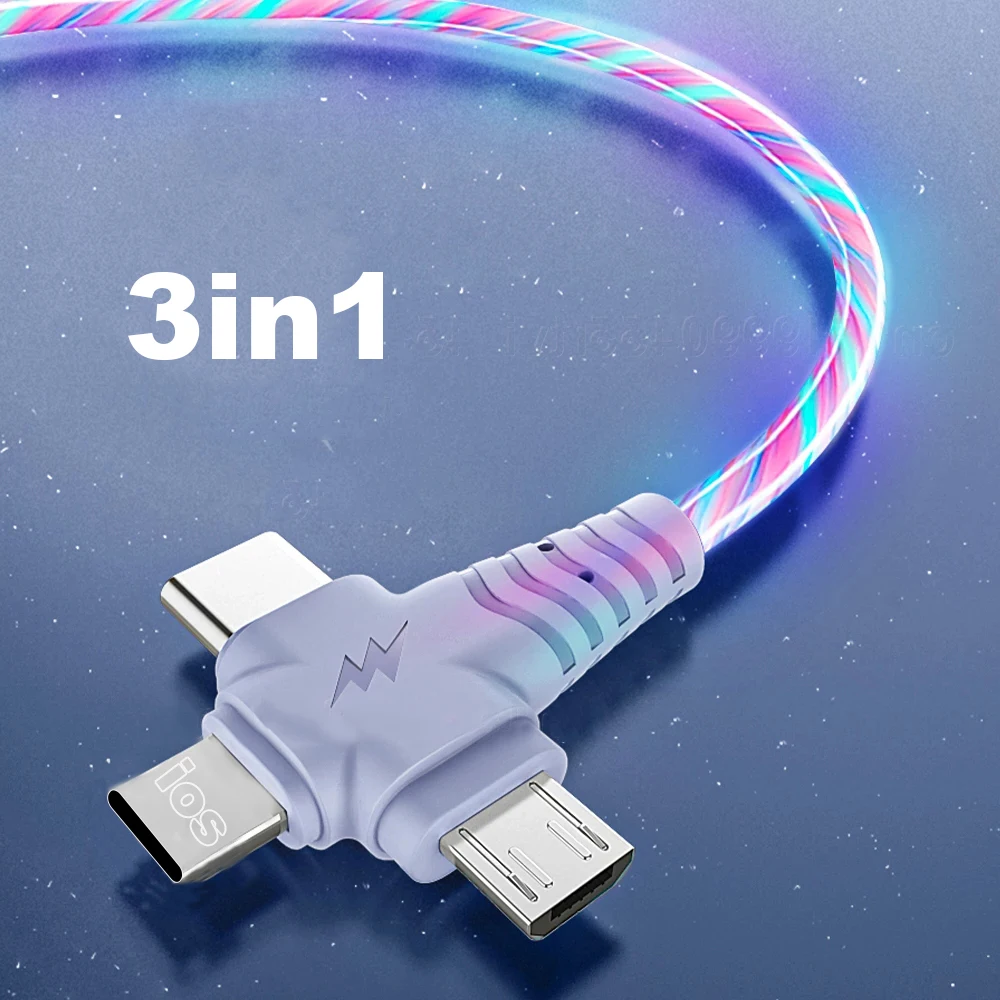 

MVQF 3in1 Charging Cable Flowing Light Up Data Cord Fast Charging Line Micro USB Type-C Connector for IPhone 13 12 Xiaomi Huawei