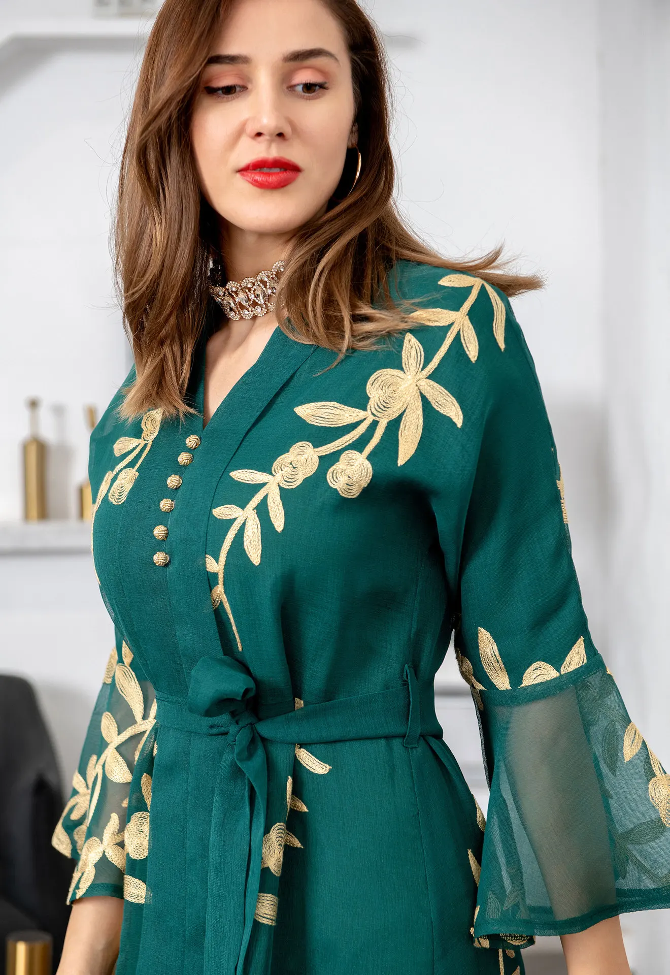 Muslim Summer Golden Mesh Leaf Embroidered Flare Sleeves Women's Temperament Evening Dress Arabic Dress Muslim Dress