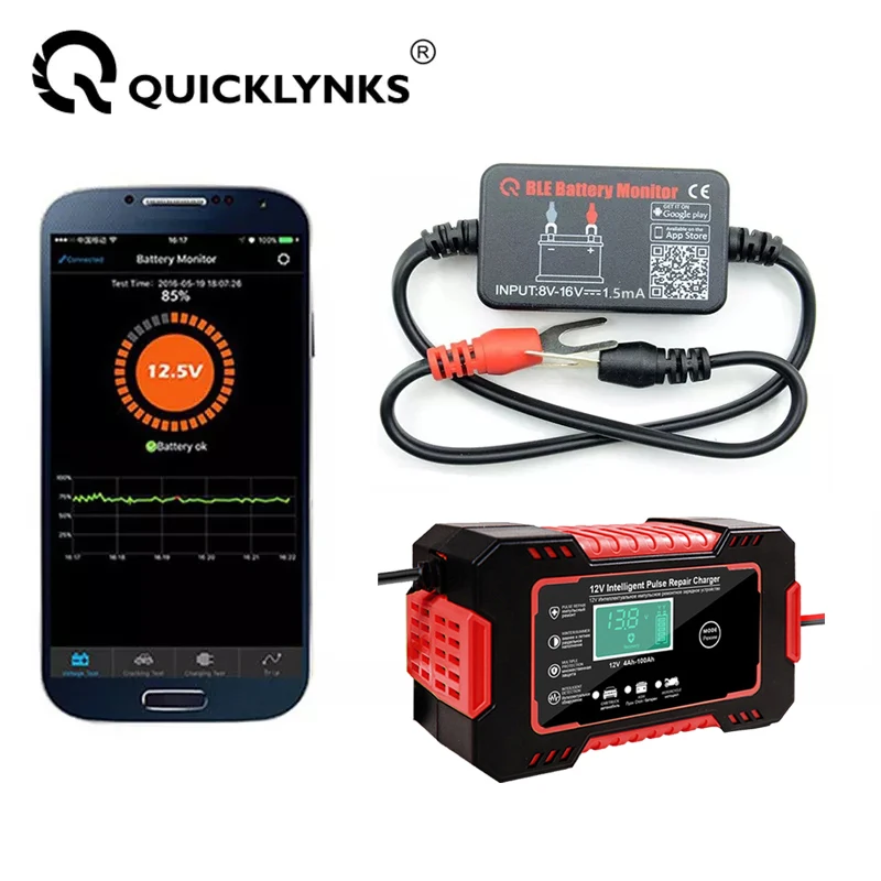 

Монитор аккумулятора QUICKLYNKS BM2 Bluetooth 12 В + зарядное устройство для автомобильного аккумулятора 6 А, тестовый анализатор аккумулятора автомоби...