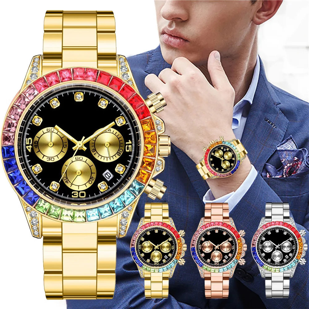 

Hip Hop Clock Men Fashion Mens Watch Diamond Stainless Steel Complete Calendar 2022 Luxury Quartz Watches Relogio Hombre Relojes