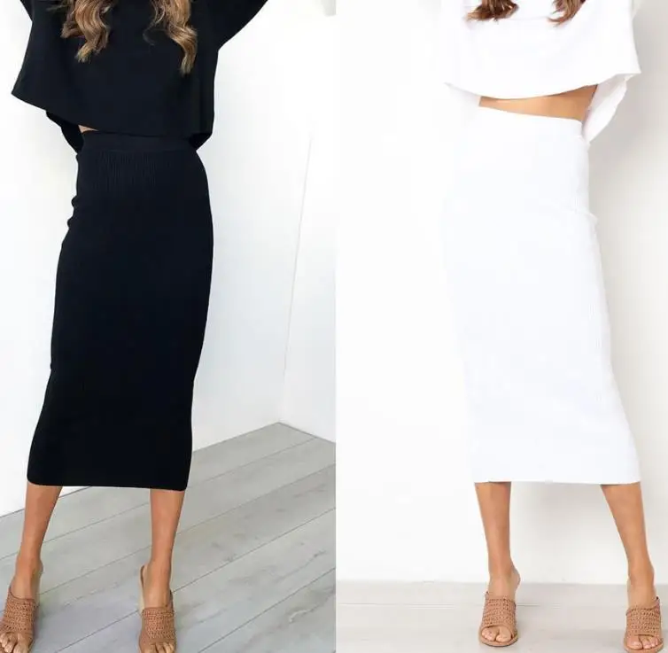 

Women Knitted Bodycon Long Skirt Fashion Sexy Black White High Waist Pencil Skirts Female Elastic Skirts Club Wear Skirts