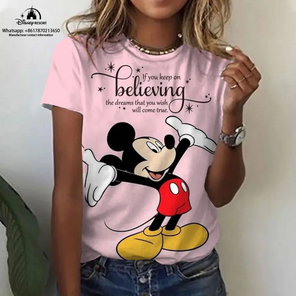 

2023 Mickey and Minnie Anime Summer Disney New Short-sleeved T-shirt Women's Fashion Casual Round Neck Sexy Top Y2K