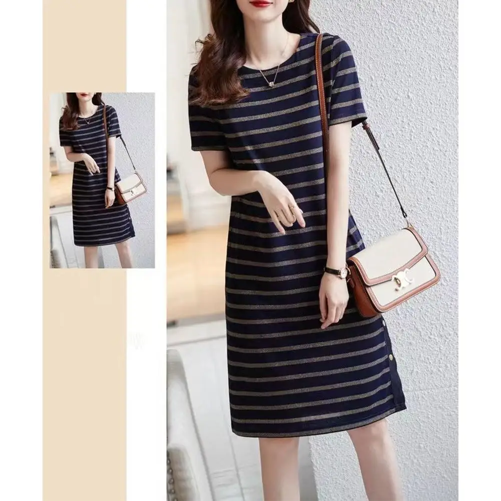 

2023 Fashion Striped Printing Dress For Women Summer Short Sleeves Round Neck A-line Skirt Casual Mid-length Dress