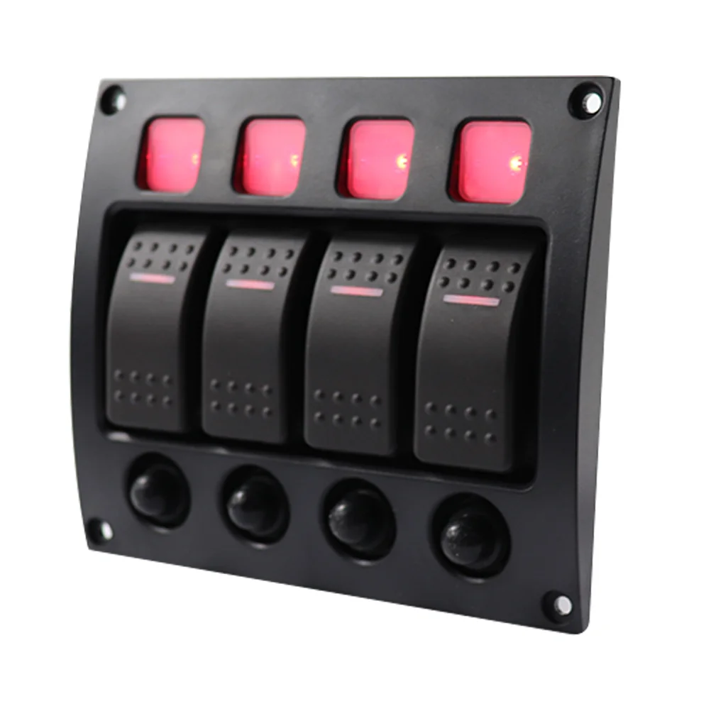 

12V/24V IP66 Waterproof 4 Gang LED Indicator Curved Switch Panel with Circuit Breakers for Car RV Yacht Truck Bus - Red Light