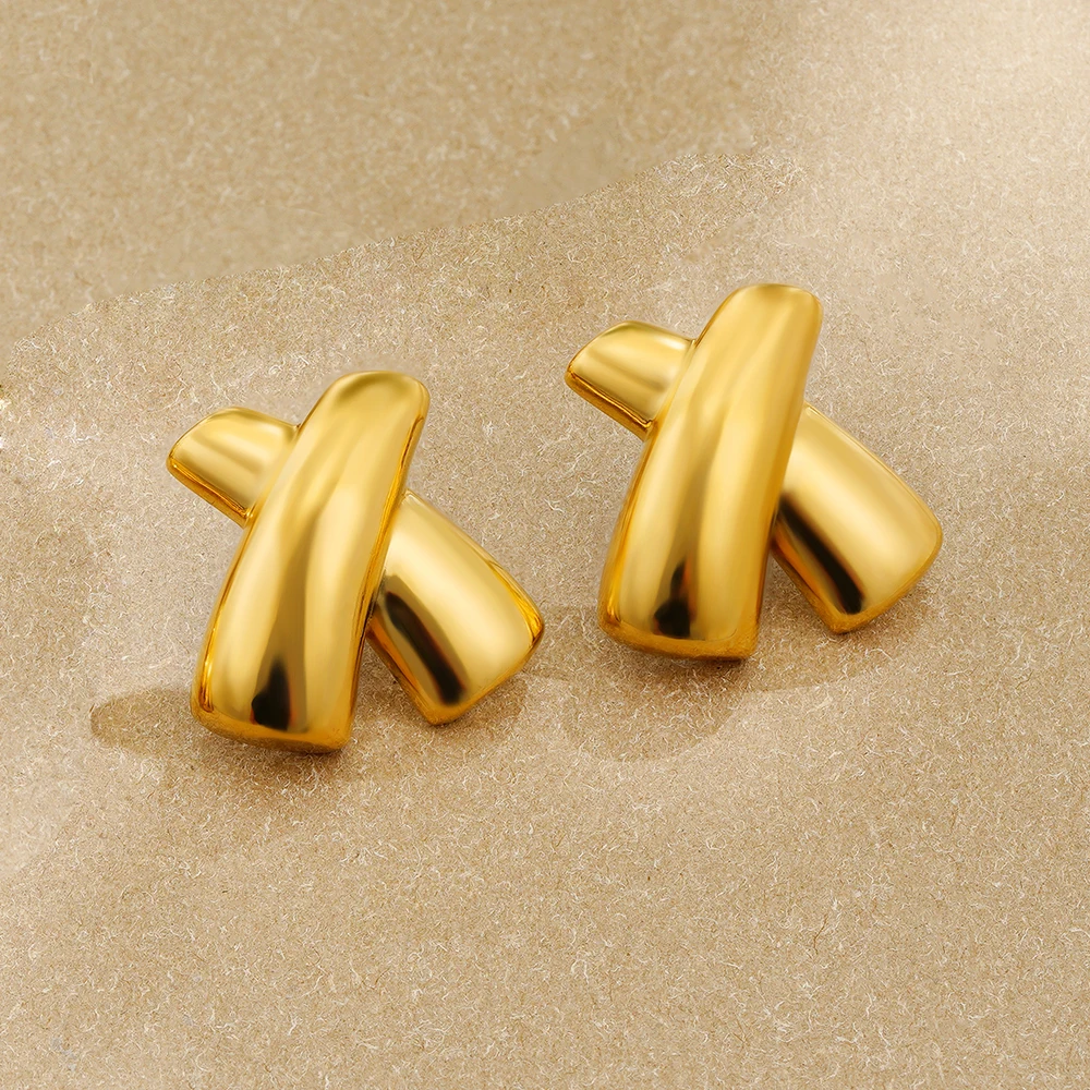 Punk Gold Color Smooth Cross Chunky Earrings for Women Thick X-shape Lightweight Statement Drop Earring Fashion Jewelry Gifts