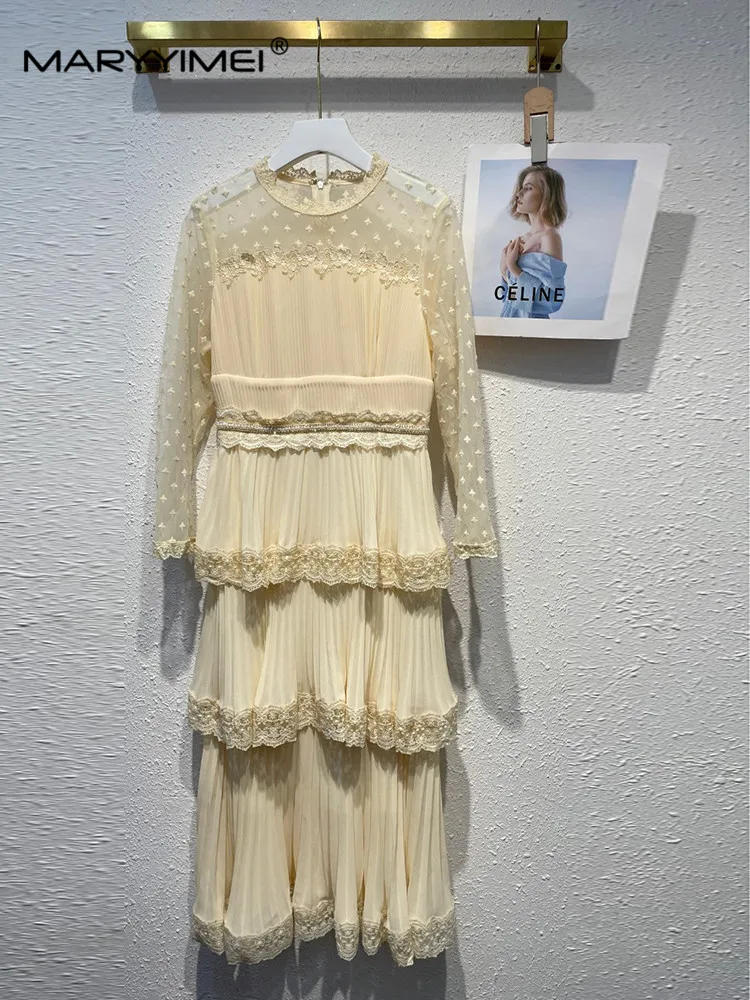 

MARYYIMEI Mesh Long Sleeved dress Spring Autumn Beading Embroidery Lace Edge Waist Up Pleated Holiday Long Dresse
