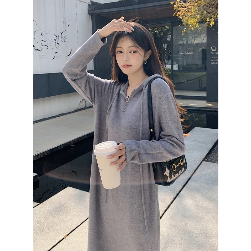 

Женское трикотажное платье макси, повседневное простое однотонное платье-трапеция с капюшоном и шнуровкой, свободное винтажное платье с капюшоном в Корейском стиле, Y2k, весна