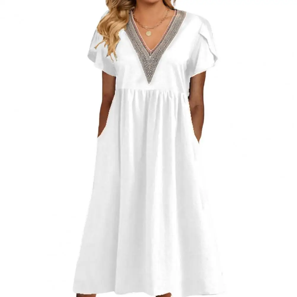 

Повседневное женское платье 2023, пляжная одежда с двойными карманами, коротким рукавом и V-образным вырезом, плиссированная, трапециевидная, с широким подолом, летнее женское платье
