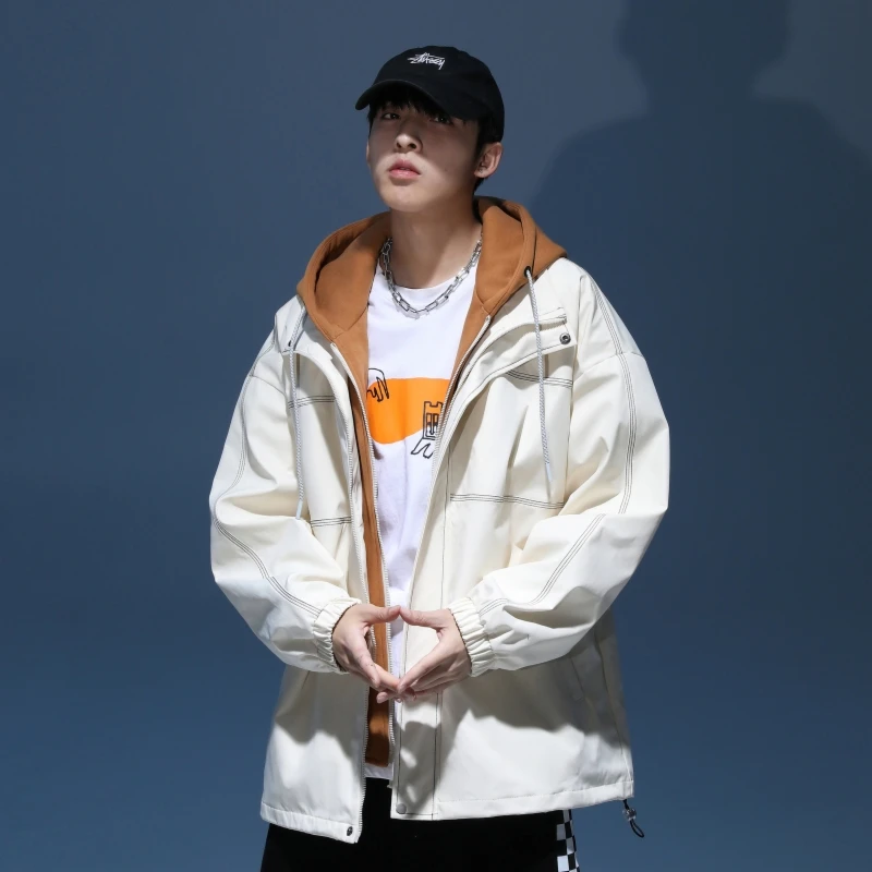 

Mens College Style Windbreaker Coat 2022 Spring Autumn Casual Loose Retro All-match Hooded Outwear Male Trend Streetwear Jacket