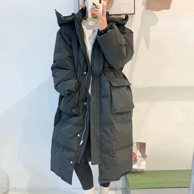 Knee Down Jacket 2022 Winter New Dongdamen Hooded Waist Closed White Duck Down Thickened Large Pocket Coat for Women