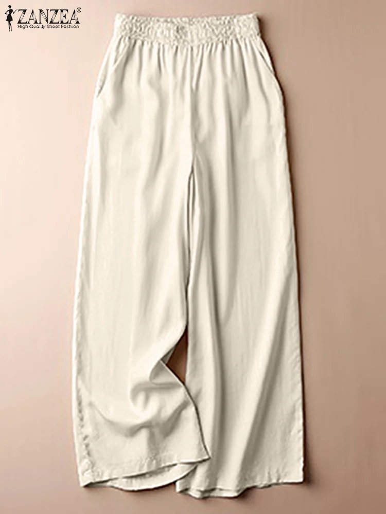 

Spring Office Work Capris Oversized Wide Leg Trouser Women Casual Elastic Waist Pants ZANZEA Vintage Slim Solid Pantalon Palazzo