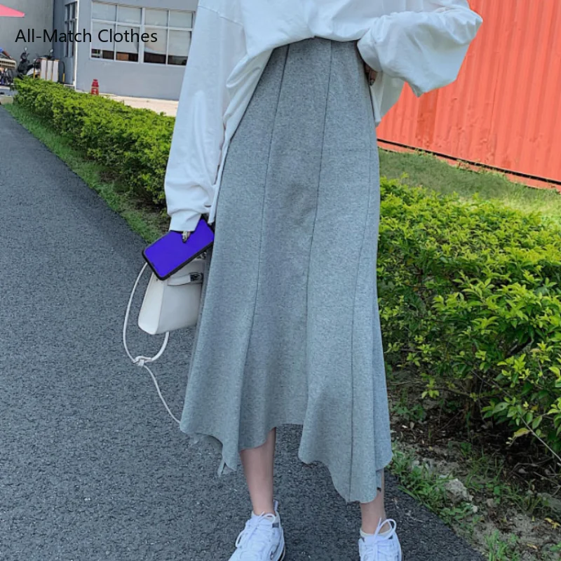 

Winter Women Draped Rib Pleated Skirt Elastic High Waist Long Skirt Female Autumn Ladies High Quality Midi Skirt Oversized Grey