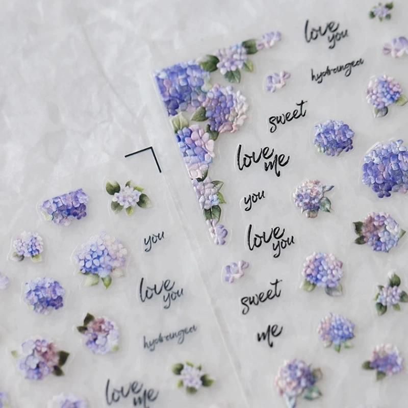 5D Фиолетовые Синие Гортензии Тюльпаны Наклейки Для Ногтей Мягкие Тисненые