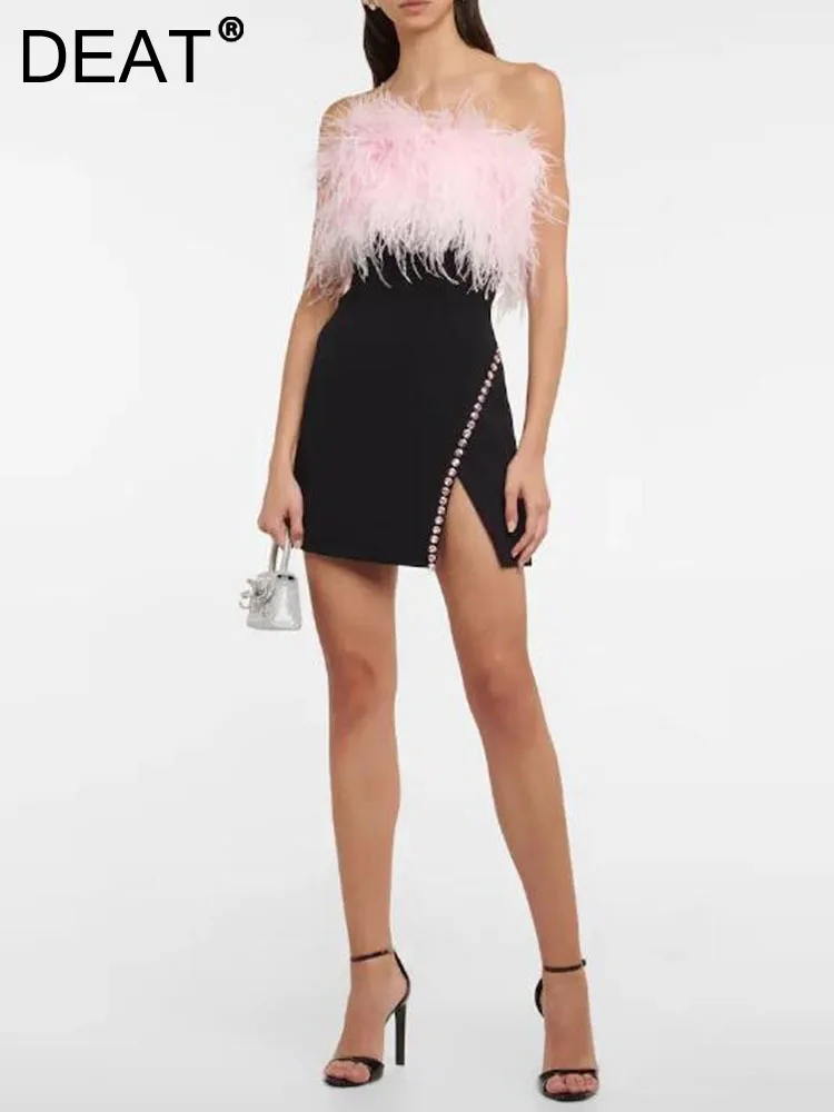 

[DEAT] Patchwork Feather Diamond New Female Slim Dress Backless Fashion Strapless Design Sleeveless Dresses 2023 Spring 13DB138