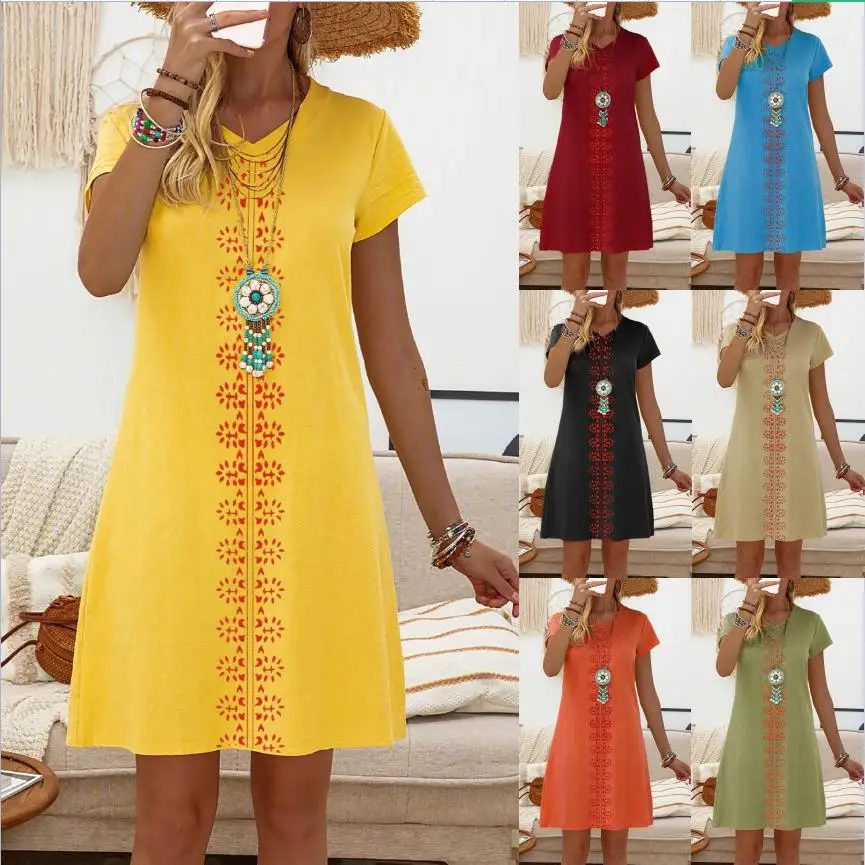 

Spring And Summer Popular V-neck Short Sleeve Printed Cotton Linen Dress Dresses Woman Party Night Summer Dress Women Clothes