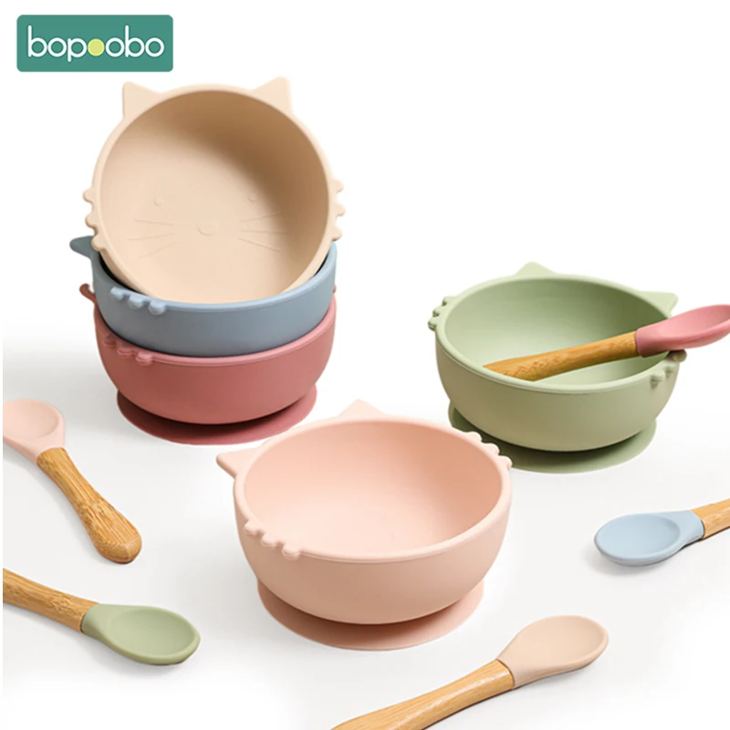 

Bopoobo 2Pcs/1Set Silicone Baby Feeding Bowl Tableware Waterproof Spoon Non-Slip Crockery BPA Free Silicone Dishes for Baby Bowl