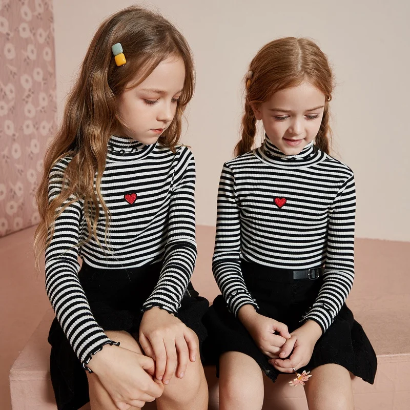 

Forest Kids 2022 Spring Black Tshirt Casual Child Young Clothes Long Sleeves Girl Love Pattern Striped Bottoming Shirt