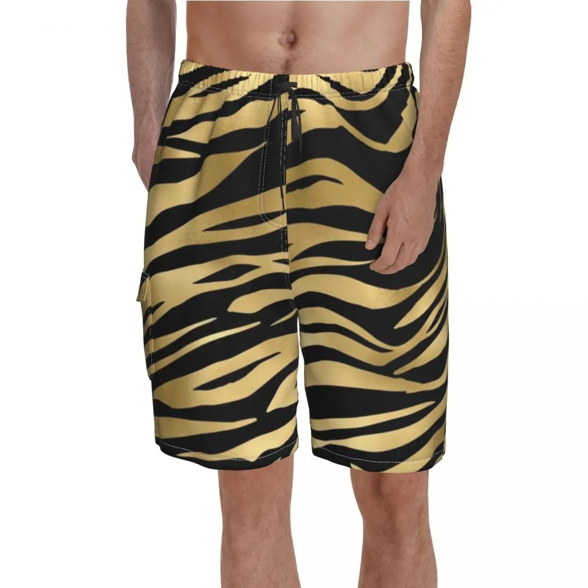 

Black And Gold Tiger Print Board Shorts Animal Fur Stripes Pattern Beach Shorts Males Printed Plus Size Swim Trunks Gift idea
