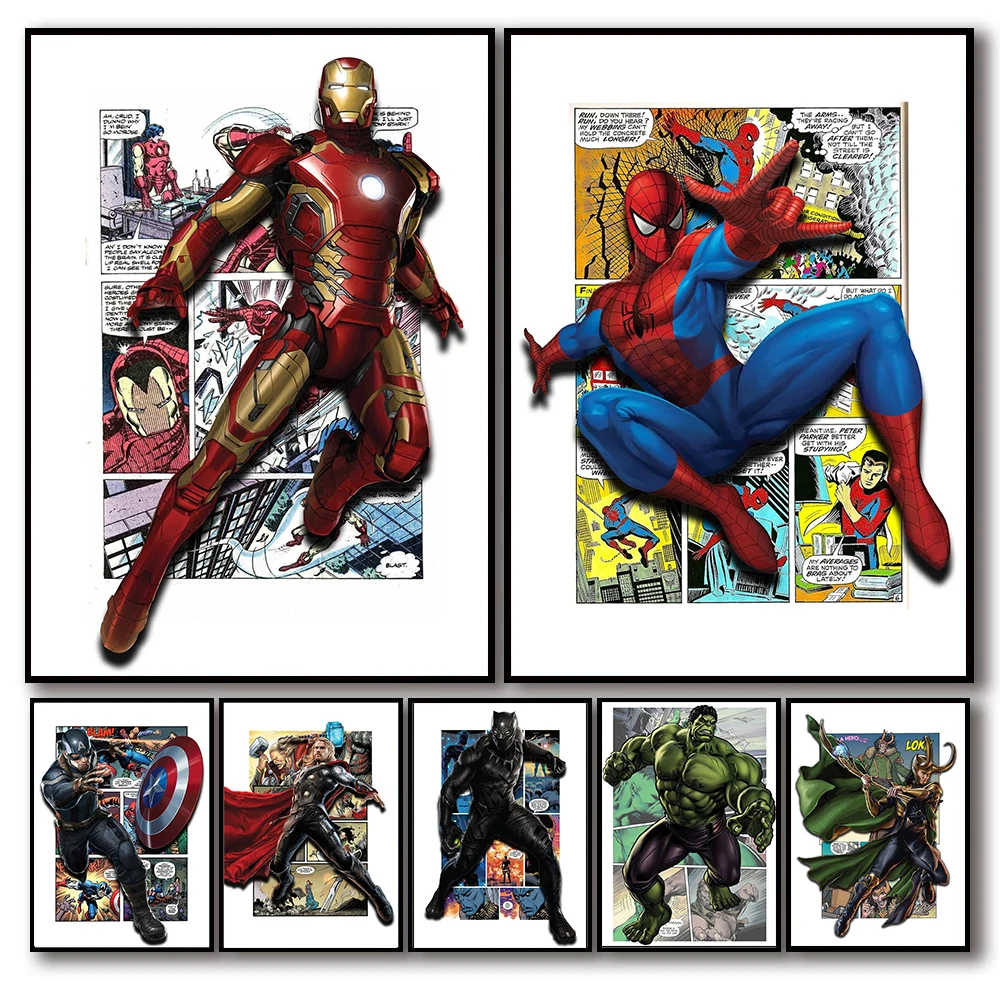 Постеры на холсте для детской комнаты с изображением героев диснеевских комиксов Marvel, Мстителей, Человека-паука, Железного человека