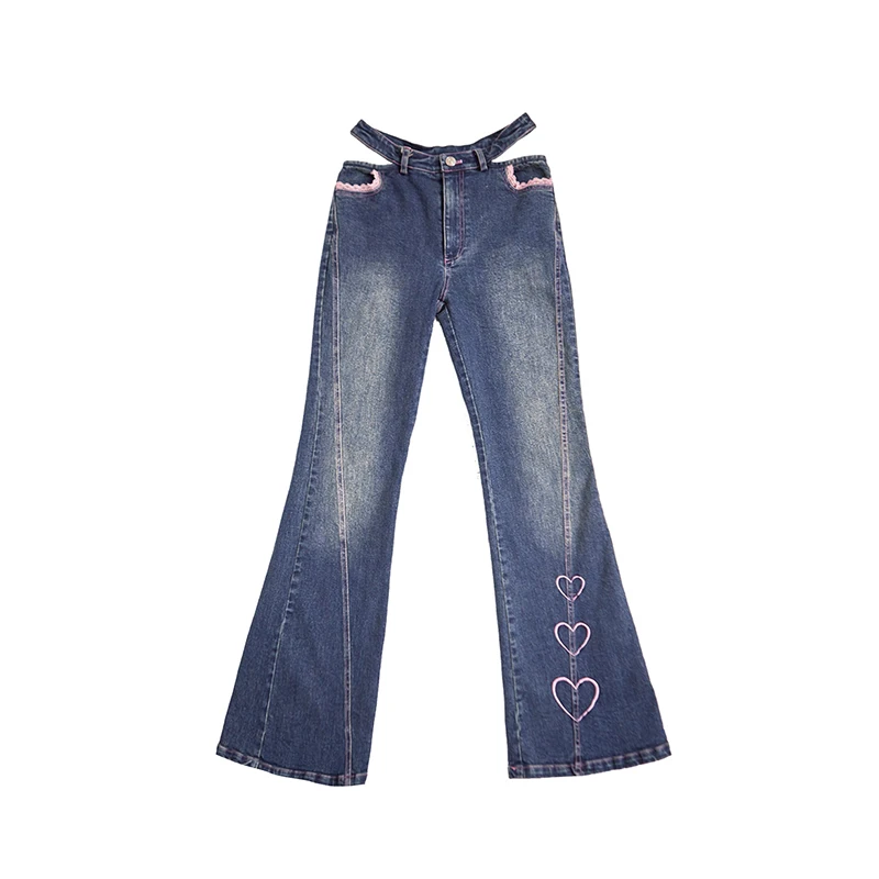 

High Waist High Street Jeans Women Hollow Out Waist Design Lace Trim Pocket Heart Embroidery Patchwork Flare Pants