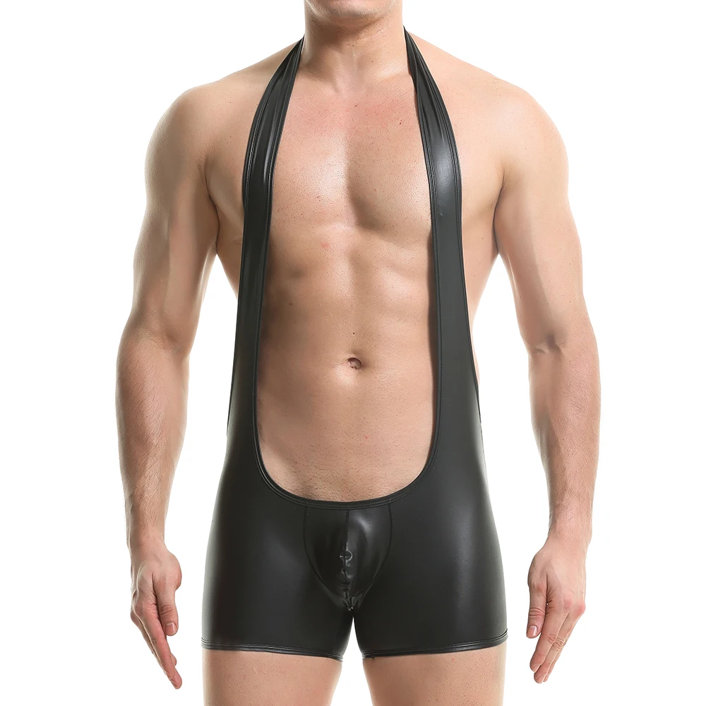 

Lingerie PU Leather Gay Bodysuits Boxers Men Undershirts Leotard Fetish Halter Backless Latex Jumpsuits Underwear Sexy Teddies
