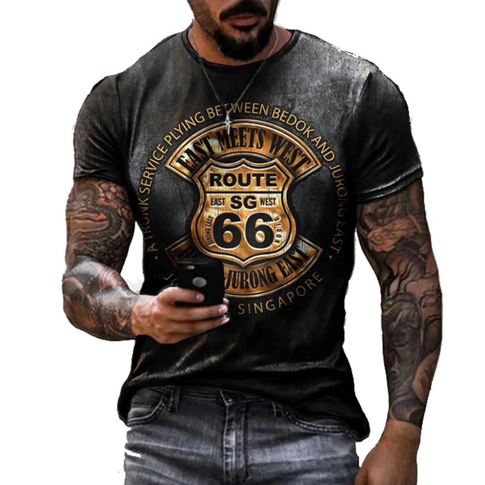 

Men's Summer Tshirts Fashion America Route 66 Letters Print O Neck T-shirt for Men Oversized Casual Loose Vintage Skull Tees Top