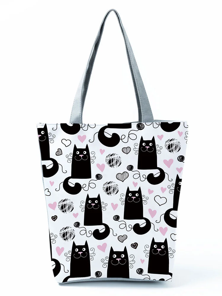 

Модная черная женская сумка через плечо с мультяшным принтом кота, вместительная Экологически чистая многоразовая сумка для покупок, женская уличная Сумка-тоут для девушек и женщин, подарок