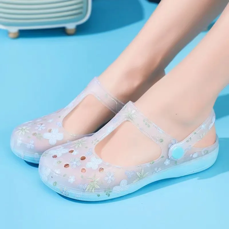 

Fashion Printing Jelly Sandals Women PVC Transparent Comfortable Outdoor Slip On Beach Slippers Indoor Non-slip Flip-flops Nurse
