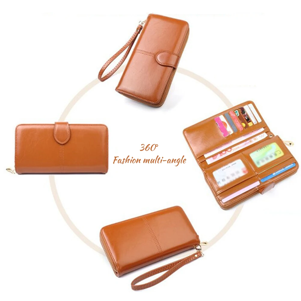 Vintage Detachable Lanyard Oil Wax Leather Long Wallet Ultra-thin Large Capacity Coin Purse Women Girls ארנק