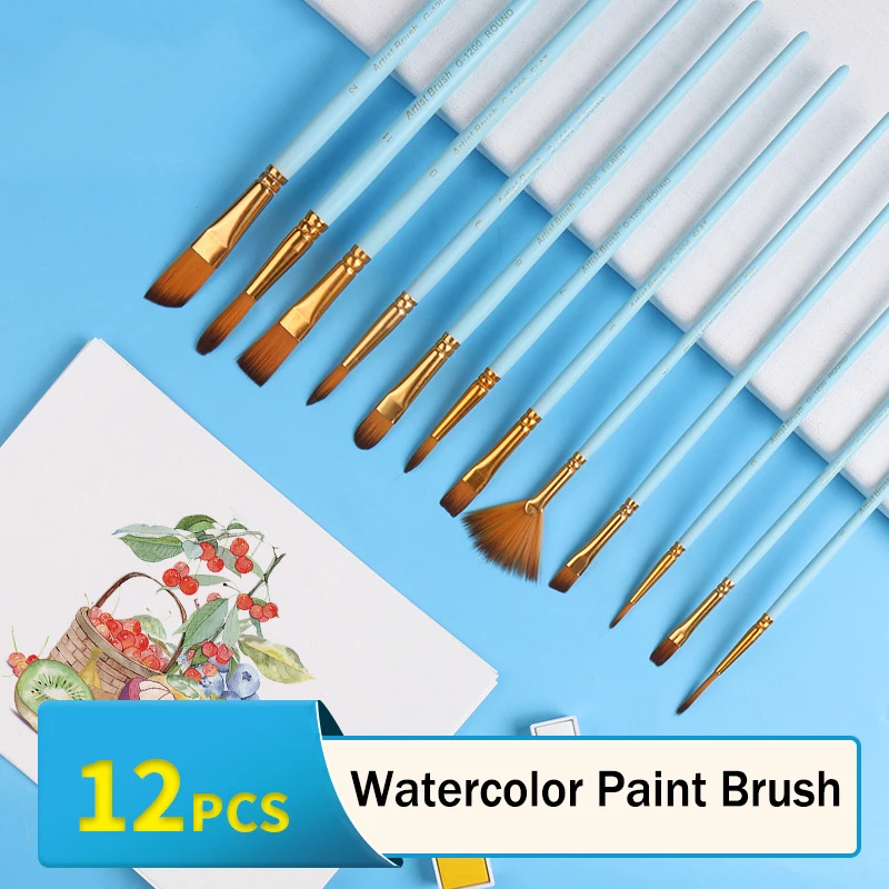 

High Quality 12pcs Watercolor Paint Brush Set Round Pointed Flat Tip Painting Brush For Water Color Oils Acrylics School Student