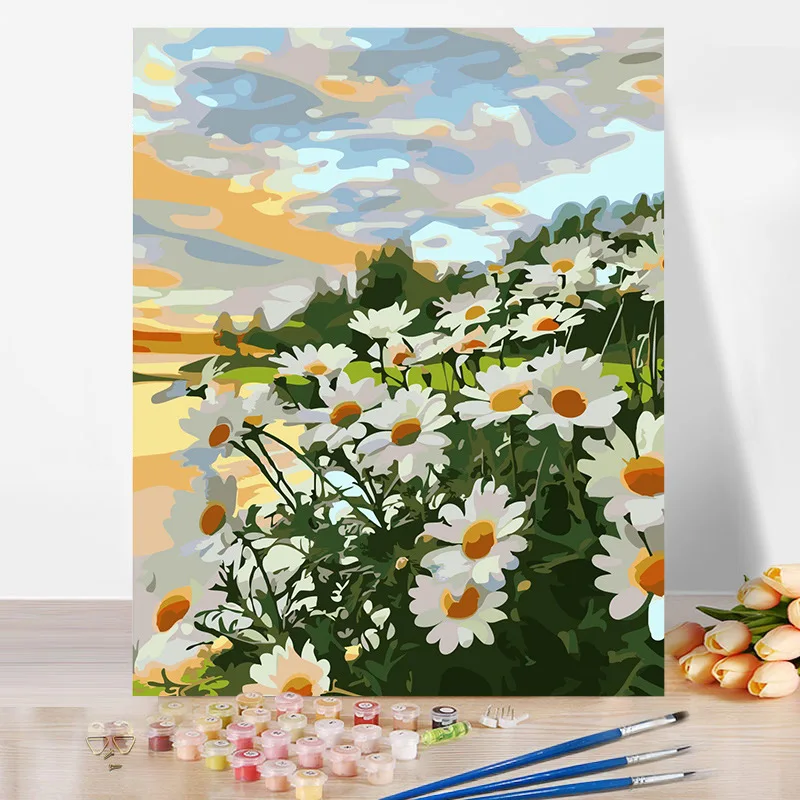 

Oil Painting By Numbers Plant Flower Small Daisy DIY Room Wall Art Pictures Coloring Acrylic Painting By Number Home Decoration