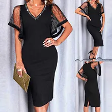 2021 novo feminino cor pura laço lado manga diamante v neck pullover vestido (1)