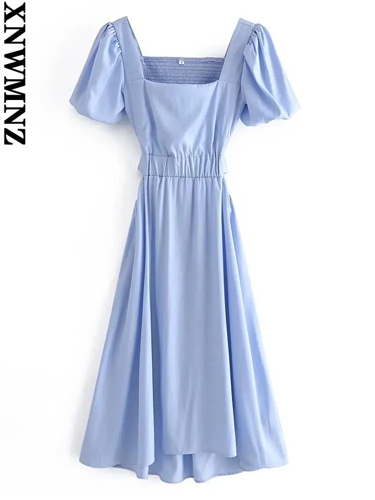 

XNWMNZ robe Women 2022 fashion french sexy backless hollow out long dress square neck puff sleeves female dresses vestidos