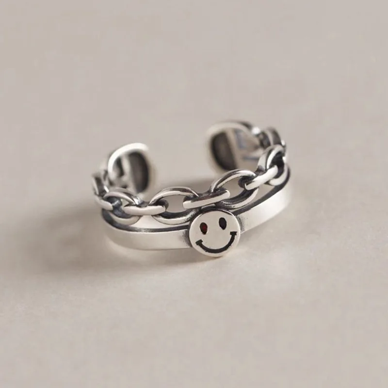 

Retro Smiley Ring Smiley Chain Open Single Ring Men's and Women's Open Adjustable Jewelry Accessories Gift Ring Wholesale
