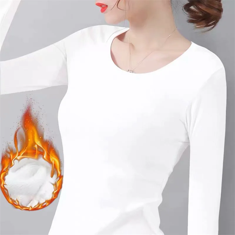 

Plus Velvet Long-sleeved T-shirt Winter Thermal Underwear Warm T-shirt Bottoming Shirt Ladies Thermal Tops Inner Wear For Ladies