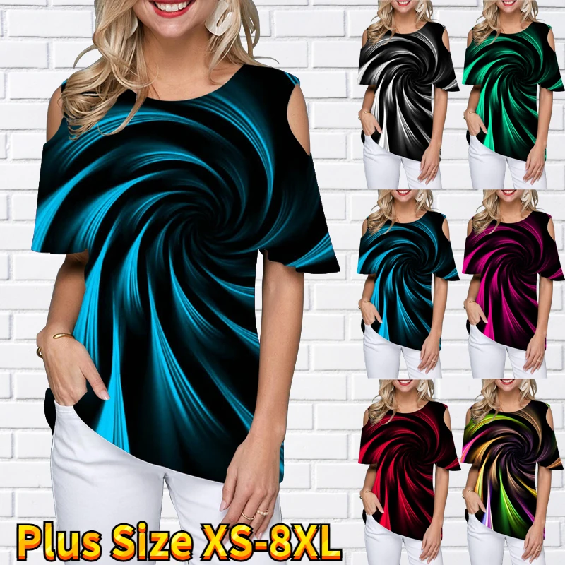 

2022 Summer Fashion Swirl Print Top Casual Street T-shirt Round Neck Loose and Comfortable Short Sleeves Off-the-shoulder Tee