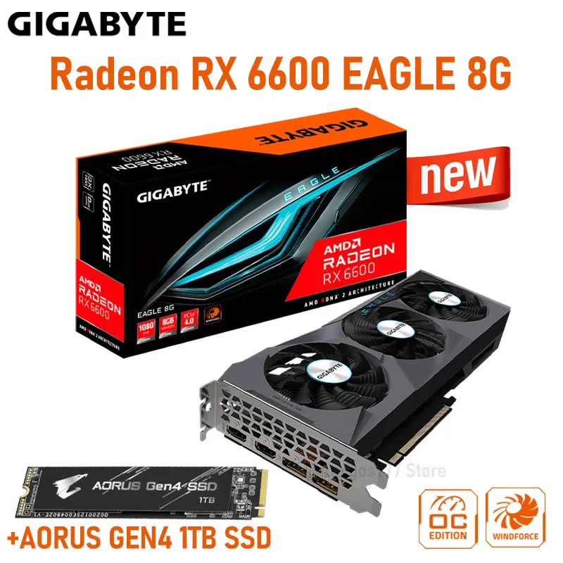 

GA AMD Radeon RX 6600 EAGLE 8G With 1TB Aorus Gen4 SSD Gaming Combo GDDR6 Triple Fans 8pin RX 6600 Graphics Radeon RX 6600 New